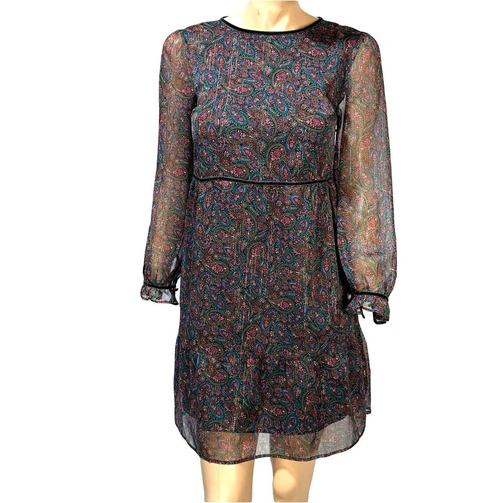 LOFT Dress Size XXS P Petite Long Sleeve Paisley Sheer Sleeve Chiffon Boho NWT